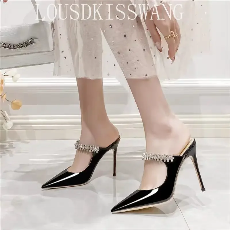 Spring and summer high-heeled Muller shoes pointed rhinestone chain fashion banquet Baotou stiletto ladies sandals women sandals,women high heels