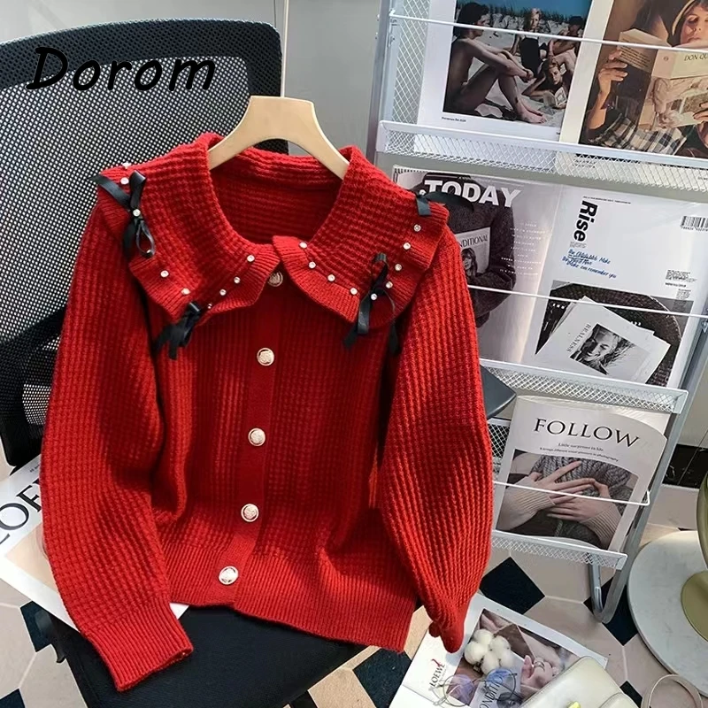 

Vintage Beading Peter Pan Collar Knit Cardigan Women Sweet Korean Style Bow Pearl Button Sweater Coat Autumn Loose Knitwear Tops