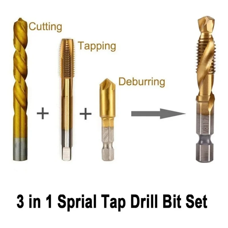 Description Picture 3 of item6Pcs Tap Drill Bit Set Hex Shank Titanium Plated HSS Screw Thread Bit Screw Machine Compound Tap M3 M4 M5 M6 M8 M10 Hand Tools