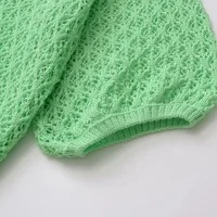 Women Fashion Jacquard Solid Knitted Hollow Out Pullover Sweater Vintage Lapel Neck Short Sleeve Female Chic Lady Tops - Image 4