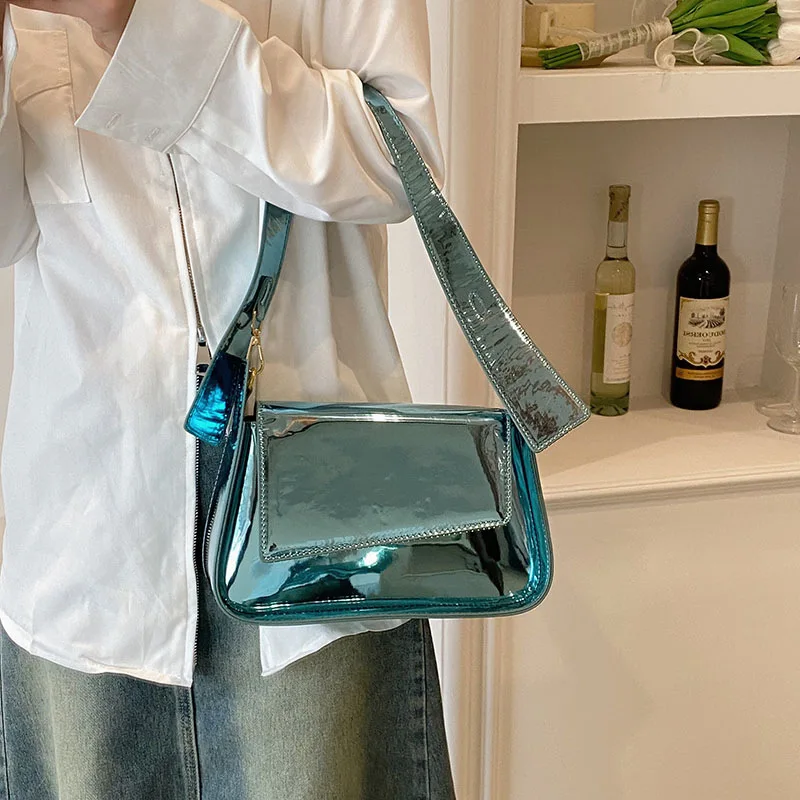 Shiny Square Bags for Women Trend 2024 Patent Leather Small Handbag Fashionable Mirror Luxury Party Underarm Shoulder Bag Woman