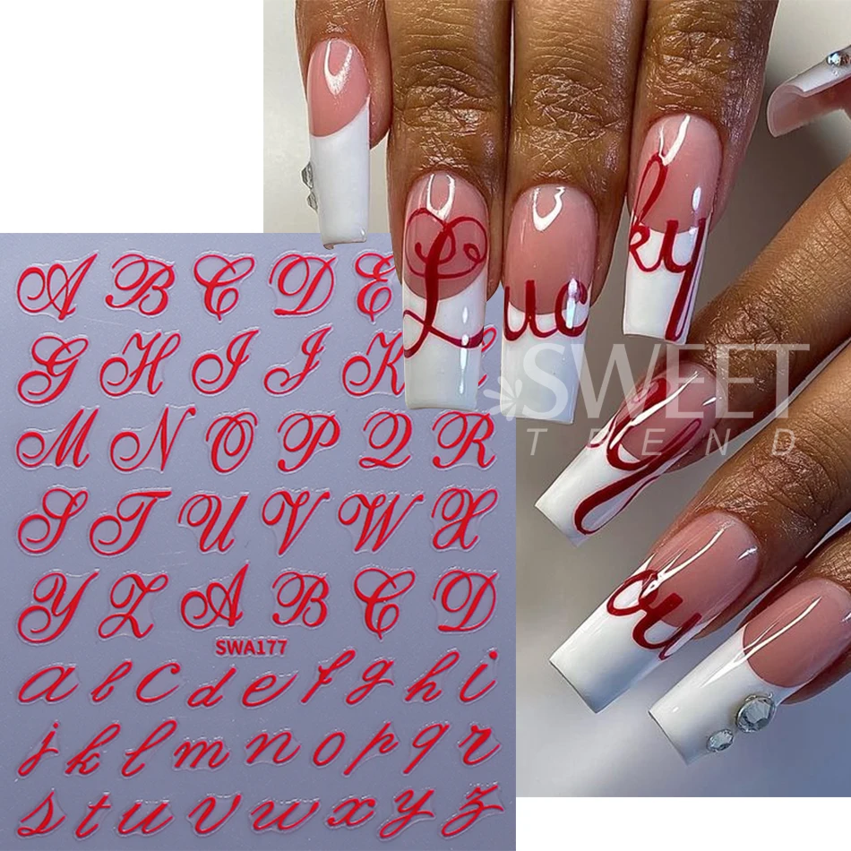 4pcs Gothic Letter Nail Sticker Y2K Cool Design Black Gold Red Blue English Alphabet Adhesive Nail Decal DIY Manicure Decoration