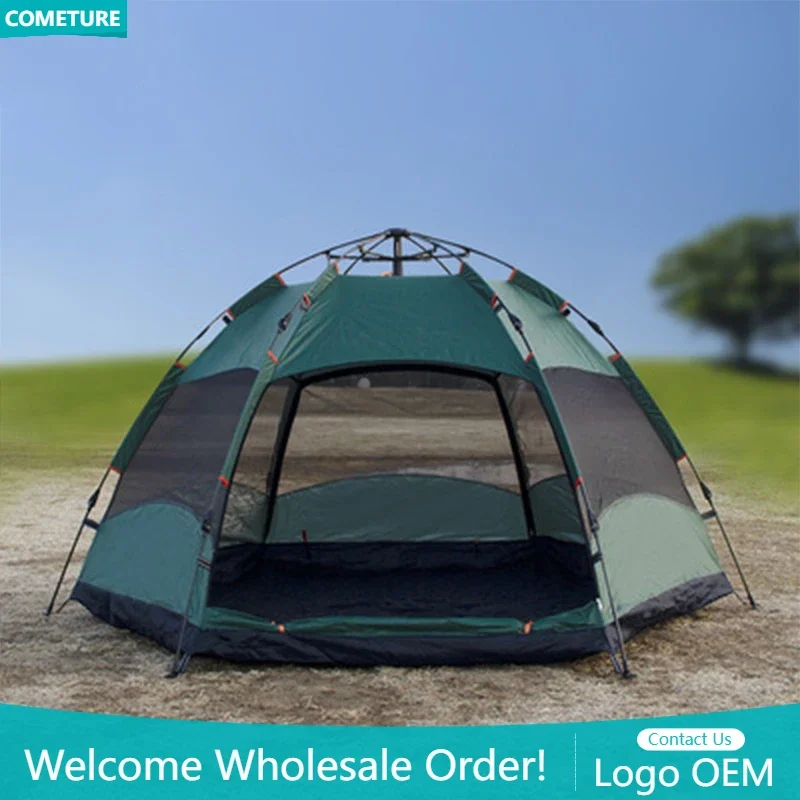 3-4 Person Outdoor Tent Hexagon Automatic Setup Water Resistant Anti-UV Awning Picnic Tent Double Layers Tent