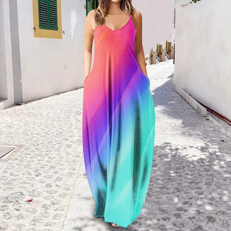 2022 Women Casual Loose Strap Dress Colors Summer Sexy Boho Bow Camis Pocket Maxi Dress Plus Sizes Big Large Dresses Robe Femme corset dress Dresses