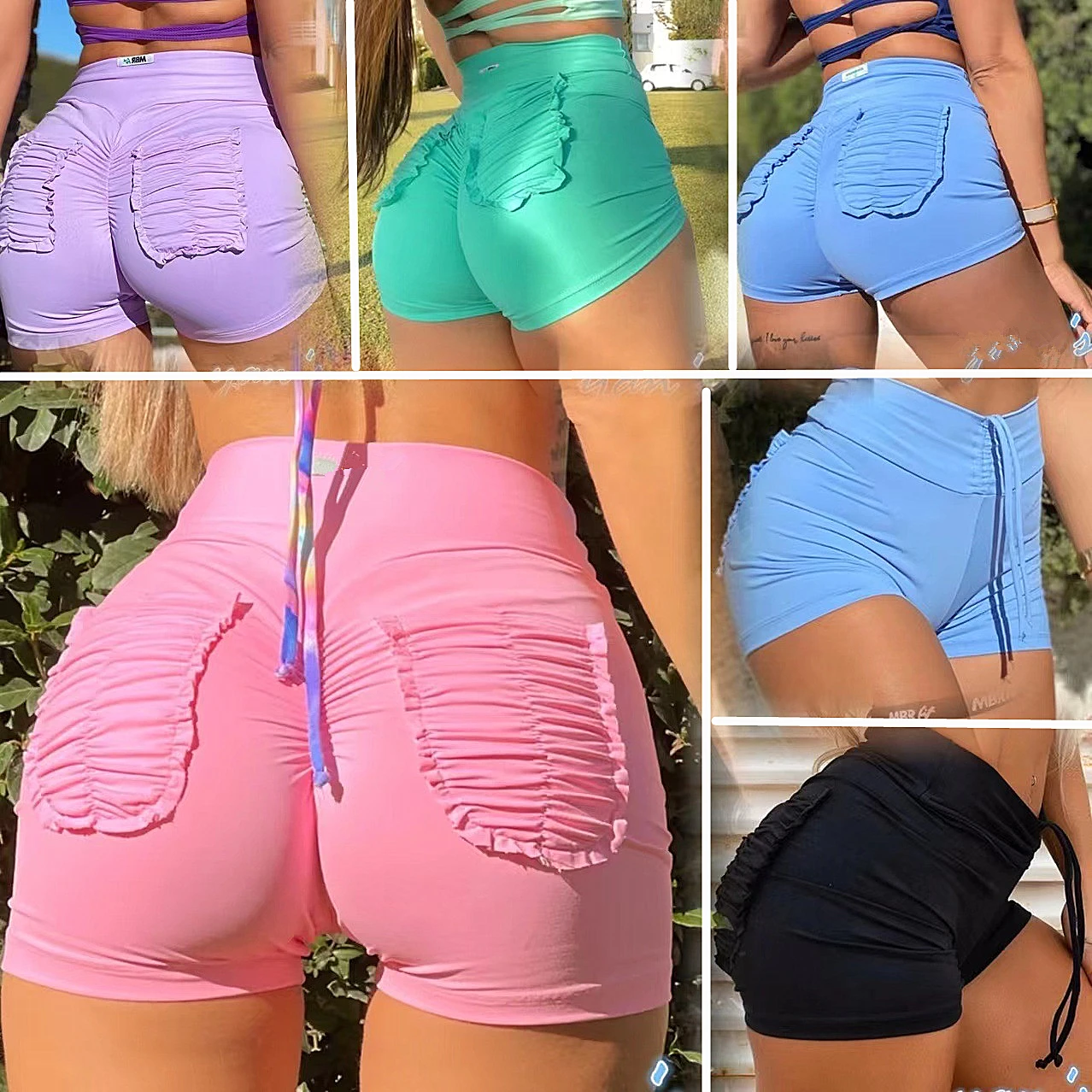 

2023 Women Fitness Booty Scrunch Yoga Shorts High Waist Lace Butt Lift Workout Gym Pockets Ruched Sports Clubwear Outfit Shorts