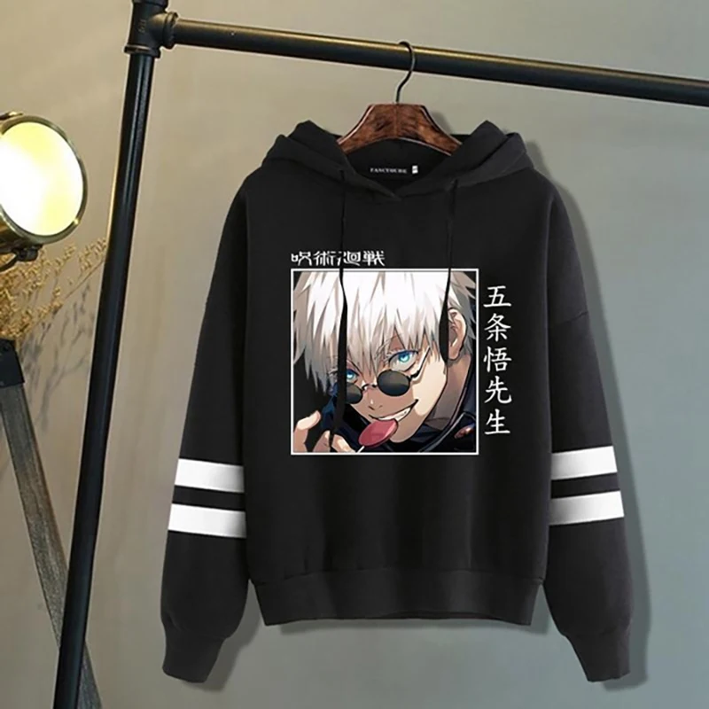 

Anime Hoodies Funny Gojo Satoru Graphic Printed Pullover Fashion Striped Long Sleeve Hooded Sweatshirt