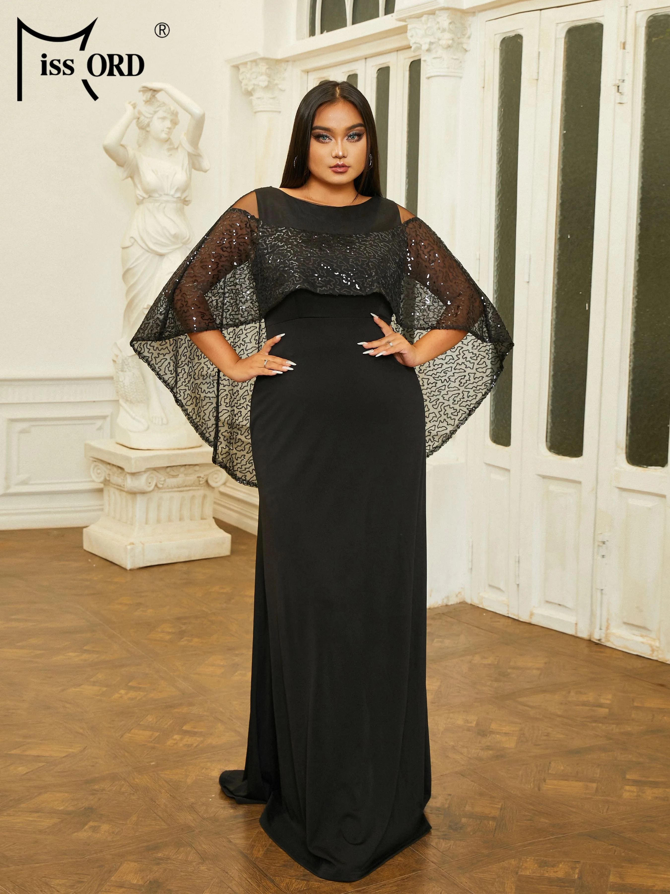 Missord Plus Size New Round Neck Panel Batwing Sleeve Black A Line