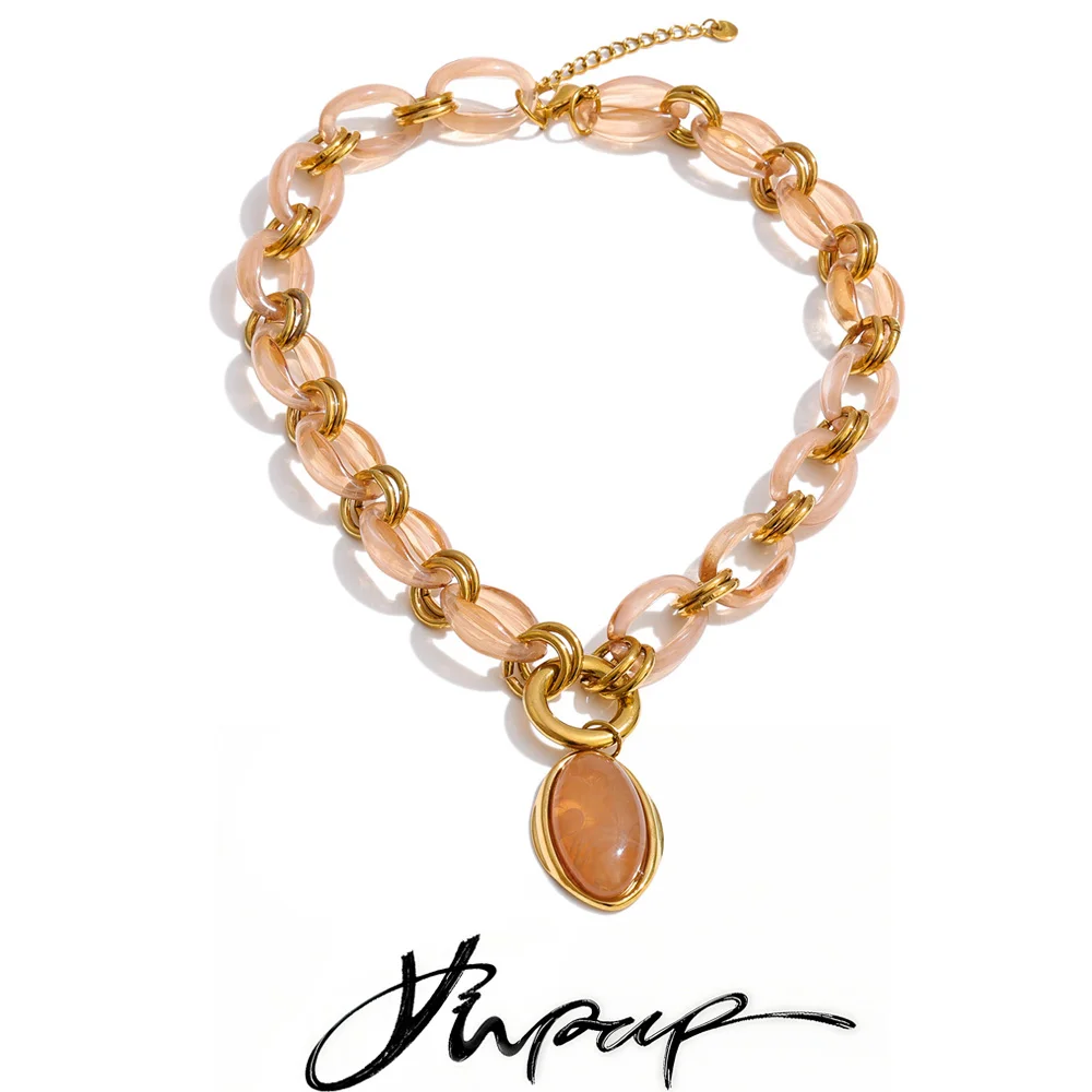 Yhpup Handmade Chain Oval Pendant Necklace 18K Golden PVD Plated