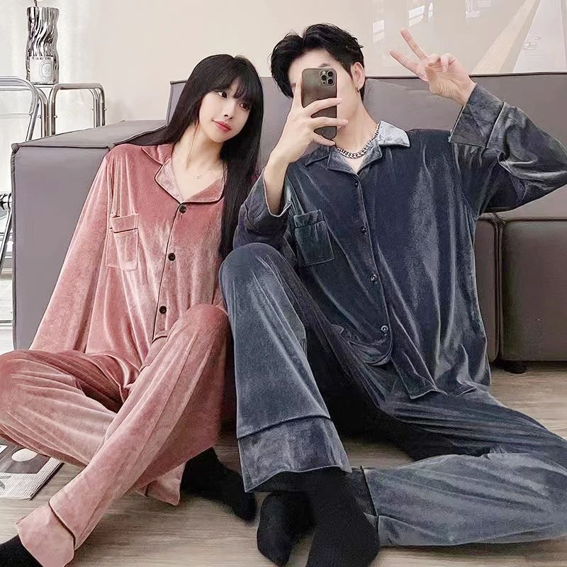 

Winter Flannel Men's Pajamas Set Solid Warm Golden Velvet Women Sleepwear Couple Pajama Sets Women's Sleep & Lounge Home Clothes