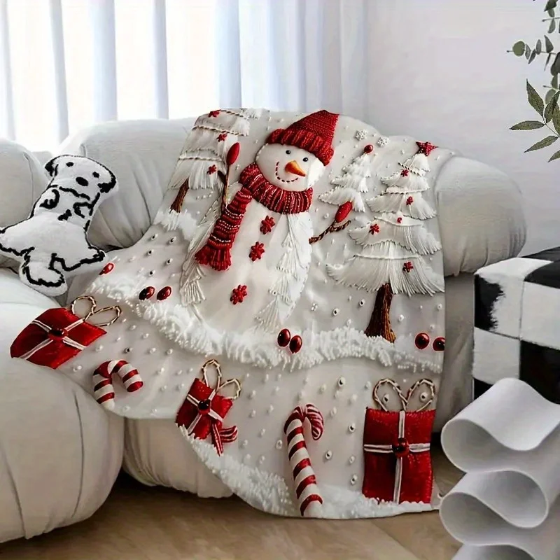 1pc Christmas Snowman & Tree Pattern Flannel Blanket , All-Season Use, Holiday Decor,Festive Design,Plush Texture,Christmas