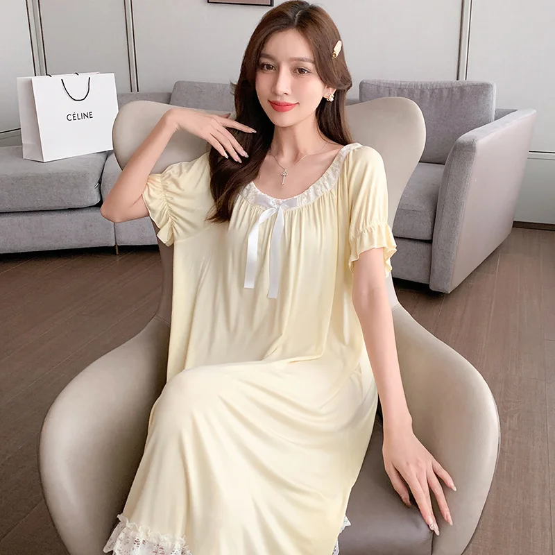 Sexy Summer Modal Nightgown for Women Solid Lace Sleepwear Loose Nightdress for Young Girls M-4XL
