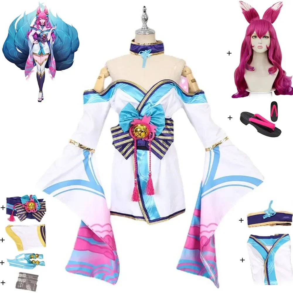 

Ahri Cosplay Costume Anime Game LOL The Nine-Tailed Fox Spirit Blossom Wig Shoes Adult Dress Halloween Sexy Woman Kimono Suit