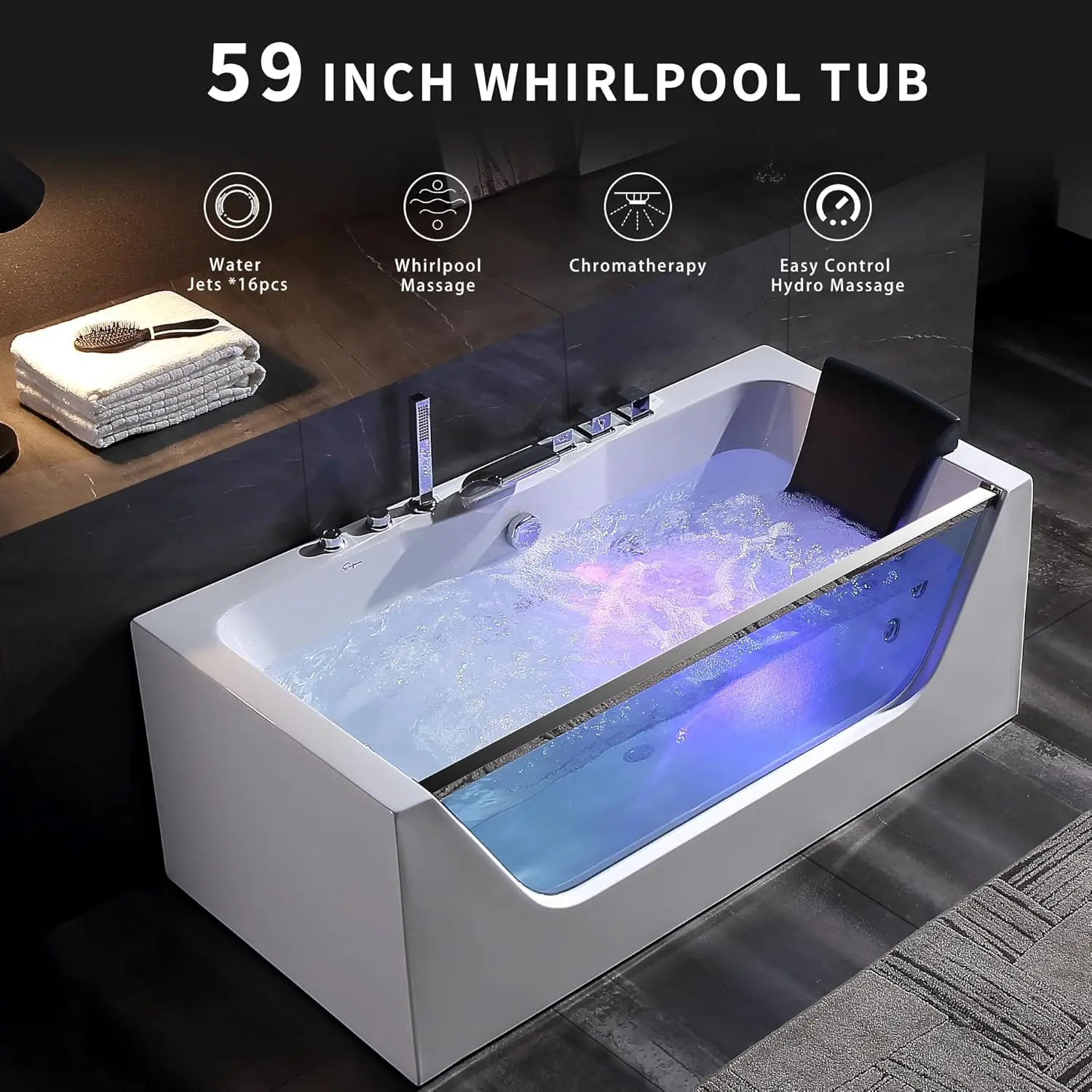 59 x 29" Whirlpool Tub 750W Acrylic Jetted Bathtub with 11 Jets Hydromassage with Chromatherapy 3 Side Apron 58 Gallons 2