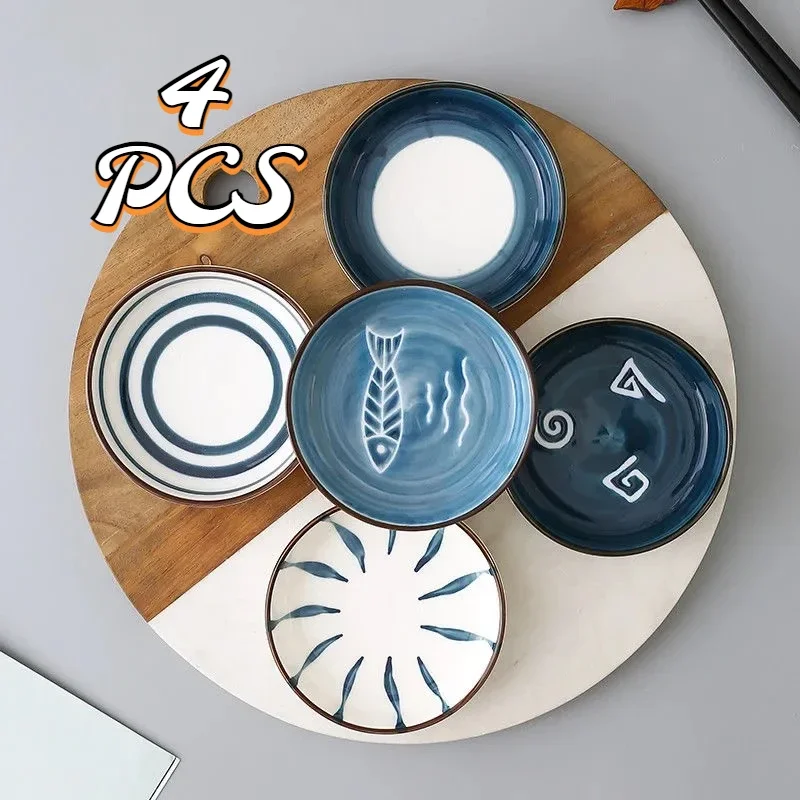 

4PCS Ceramic Round Dipping Soy Sauce Dish Retro Hand Drawn Coloring Hot Pot Seasoning Dishes Kitchen Tableware Dessert Plate