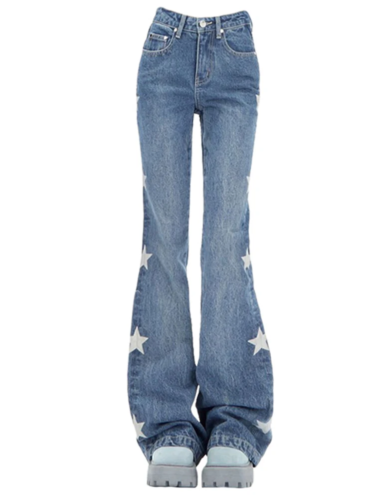 

Retro Stars Print Women Solid Color Denim Flare Pants 2023 Summer New High Waist Female Full Length Bell-Bottom Vintage Chic