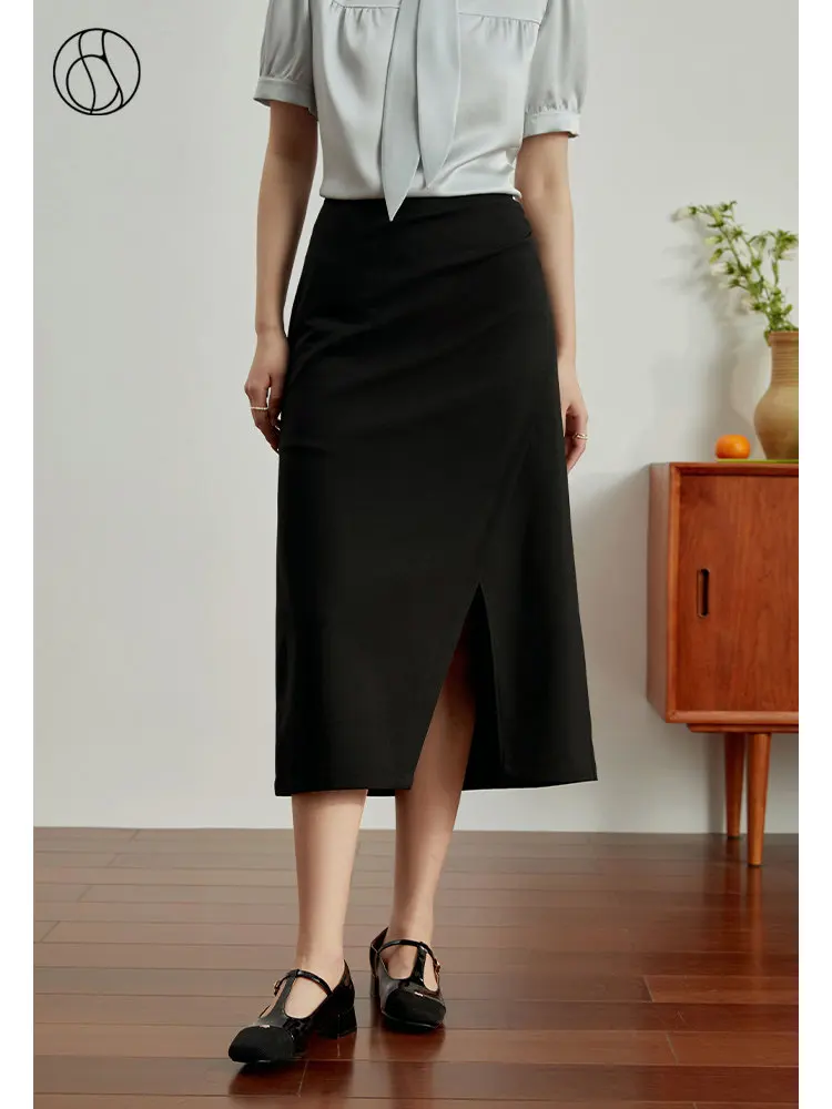 

DUSHU Commuter High-waist Pleated Slit Skirt for Women Summer New Wrap-around Crotch-covering A-line Casual Skirt Female