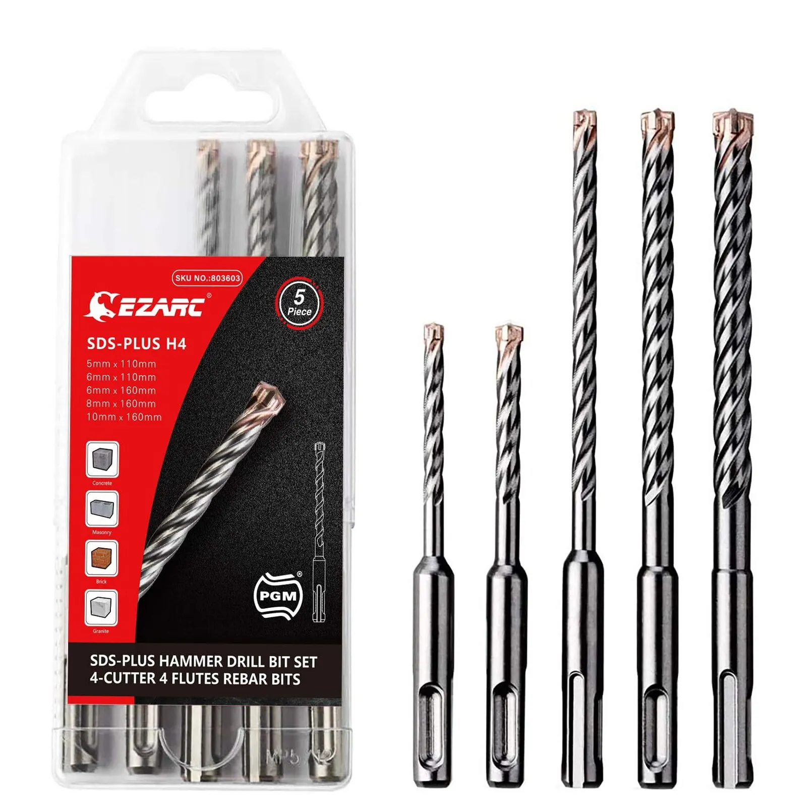 EZARC 5PC 2/4-Cutter Carbide Tips SDS-Plus Rotary Hammer Drill Bit Set for Reinforced Concrete, Masonry, Marble, Brick and Tile