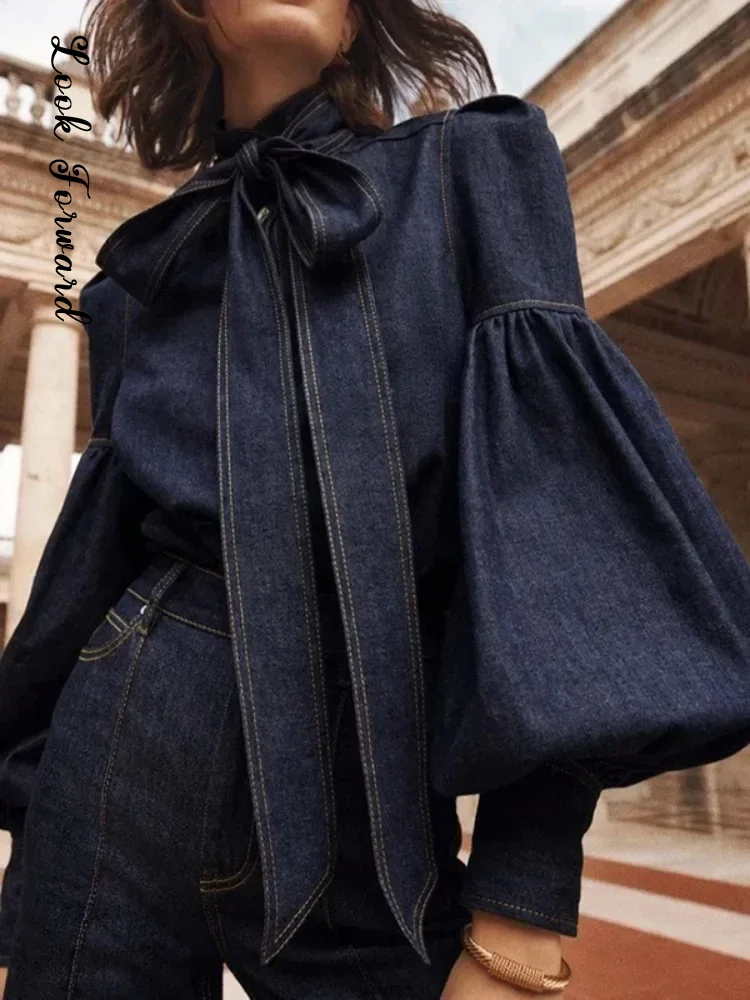 

Fashion Bow Lantern Sleeve Denim Shirt Women Stand Collar Single-breasted Female Shirts 2024 Spring New Loose Women Blouses