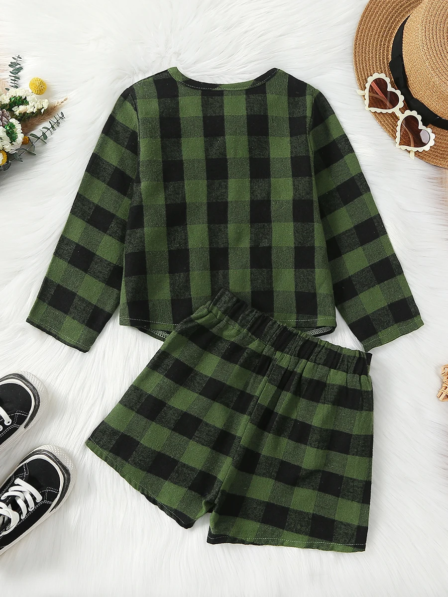 

Kid Girl Fall 2Pcs Outfit Plaid Print Long Sleeve Round Neck Button Front Tops Skirt Elegant Clothes
