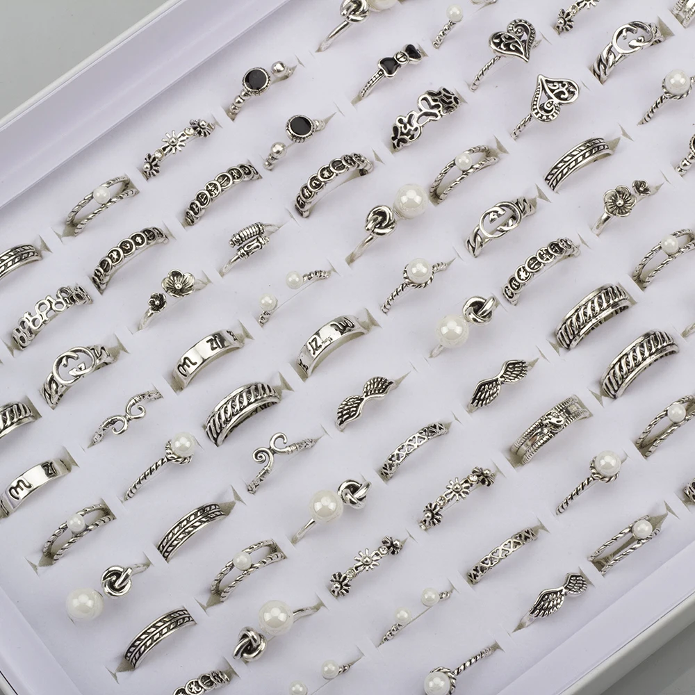 50Pcs/Lot Bohemia Rings for Women Mixed Carved Leaf Crystal Pearl Stone Finger Ring Charm Jewelry Accessories Gift