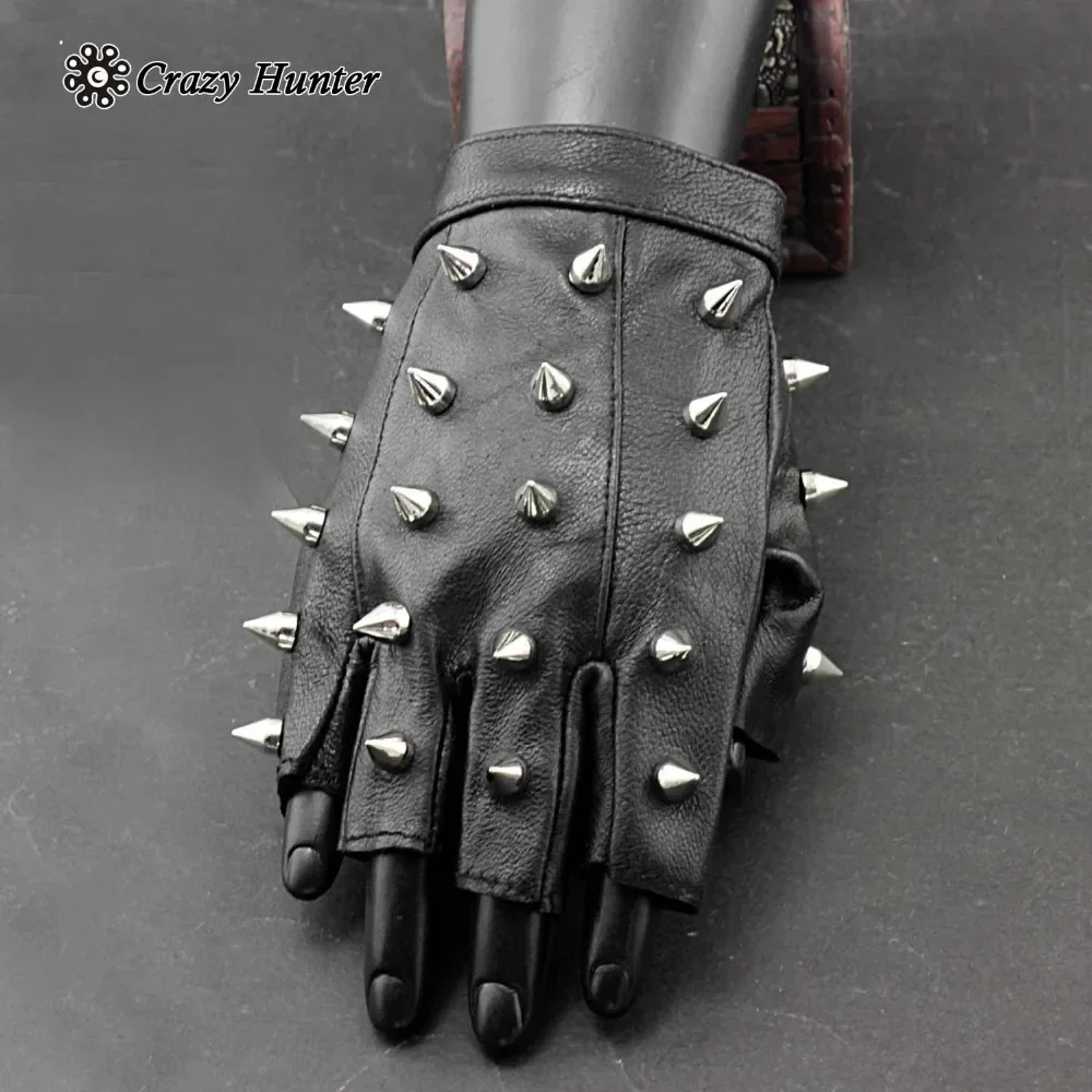 Full Spike Studded Women Lady Genuine Leather Fingerless Gloves