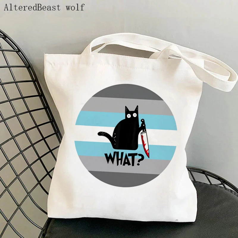 Women Shopper bag Agender halloween cat knife Bag Harajuku Shopping Canvas Shopper Bag girl handbag Tote Shoulder Lady Bag