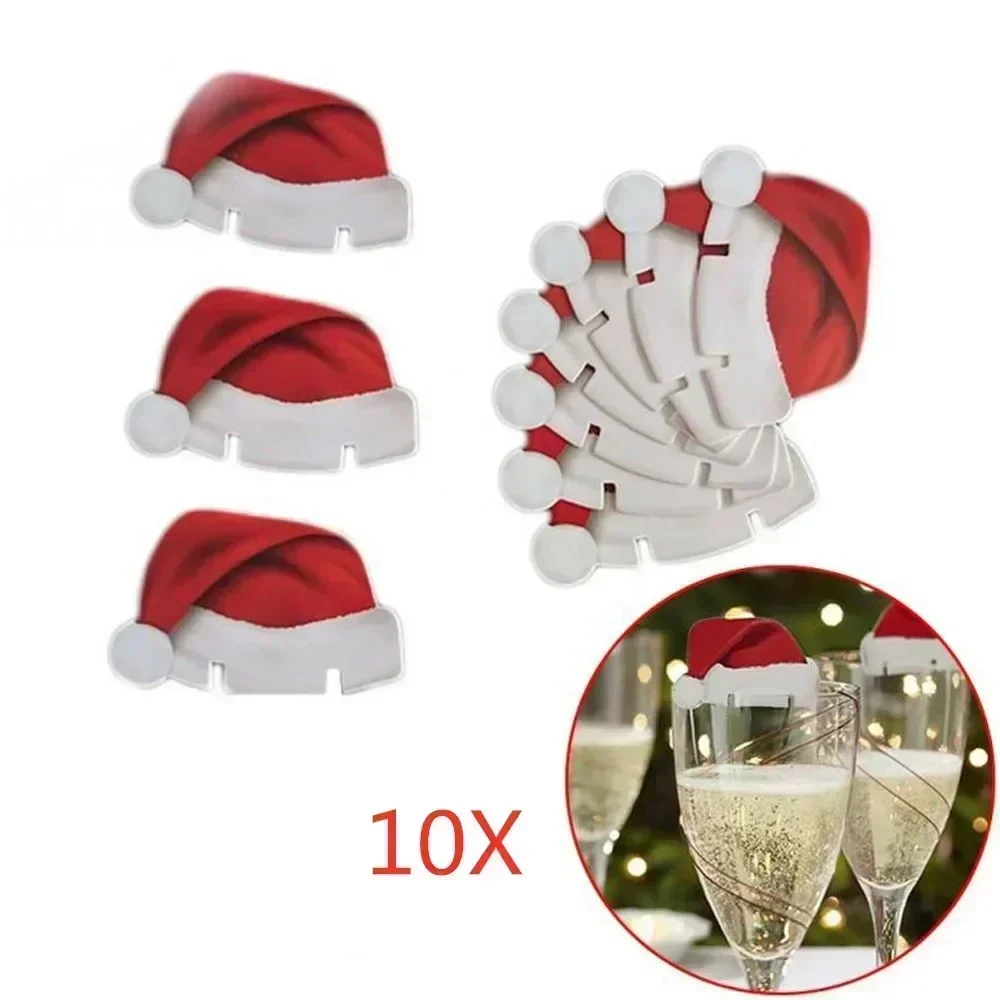 thumbnail image 1 of Juego de 10 tarjetas para copas de vino, decoración navideña, gorro de Papá Noel, decoración de vidrio, árbol de Navidad, muñeco de nieve, decoración del hogar, accesorios de Año Nuevo 2025, 1 of 5