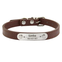 Customized Pink PU Leather Pet ID Collar - Personalized Anti-Lost Dog & Cat Collar - S (27-32cm) (Brown)