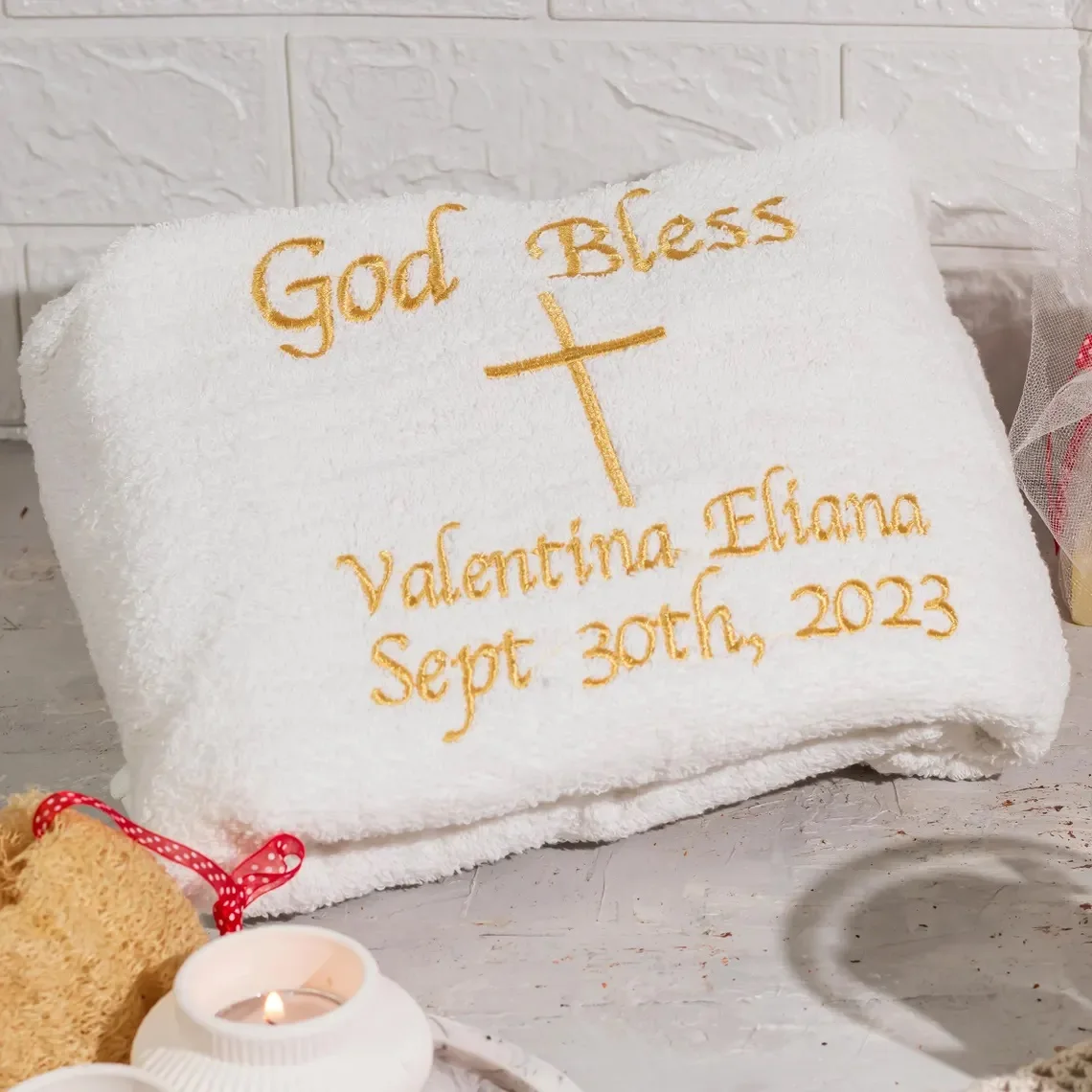 Personalized Baptism Towel Embroidery on Christening Towel Baptism keepsake Personalized religious gift ,Baby receiving towel