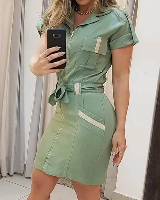 

Sexy Elegant Dresses Women New Fashion 2024 Summer Casual Female Clothing Outfits Short Sleeved Green Lace Up Zipper Shirt Skirt
