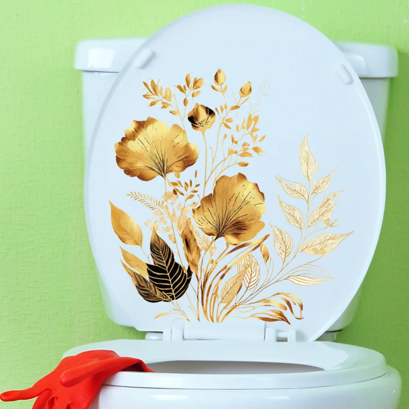 Creative Golden Flower Stickers Toilet Stickers Bathroom Door Wall Wallpaper Self Adhesive Decorative Washroom Vinyl Decals