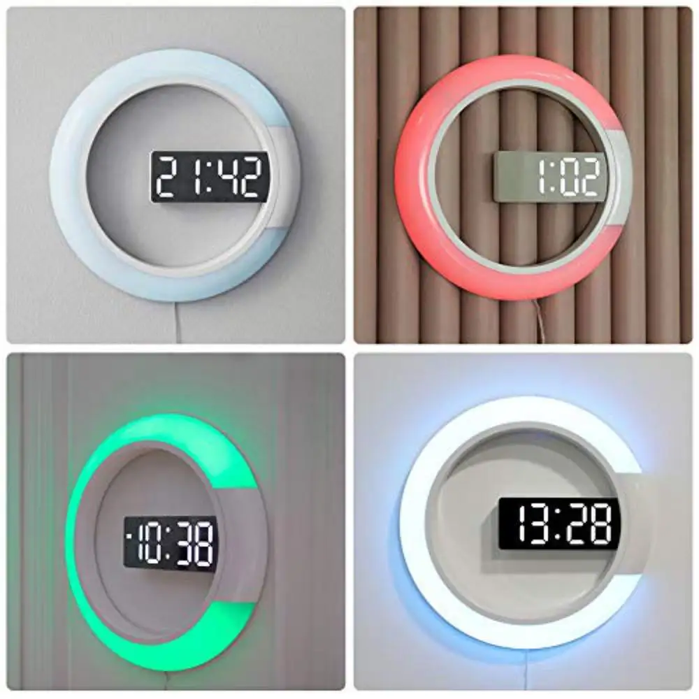 7 Colors Modern LED Digital Watch Alarm Clock Mirror Hollow Wall