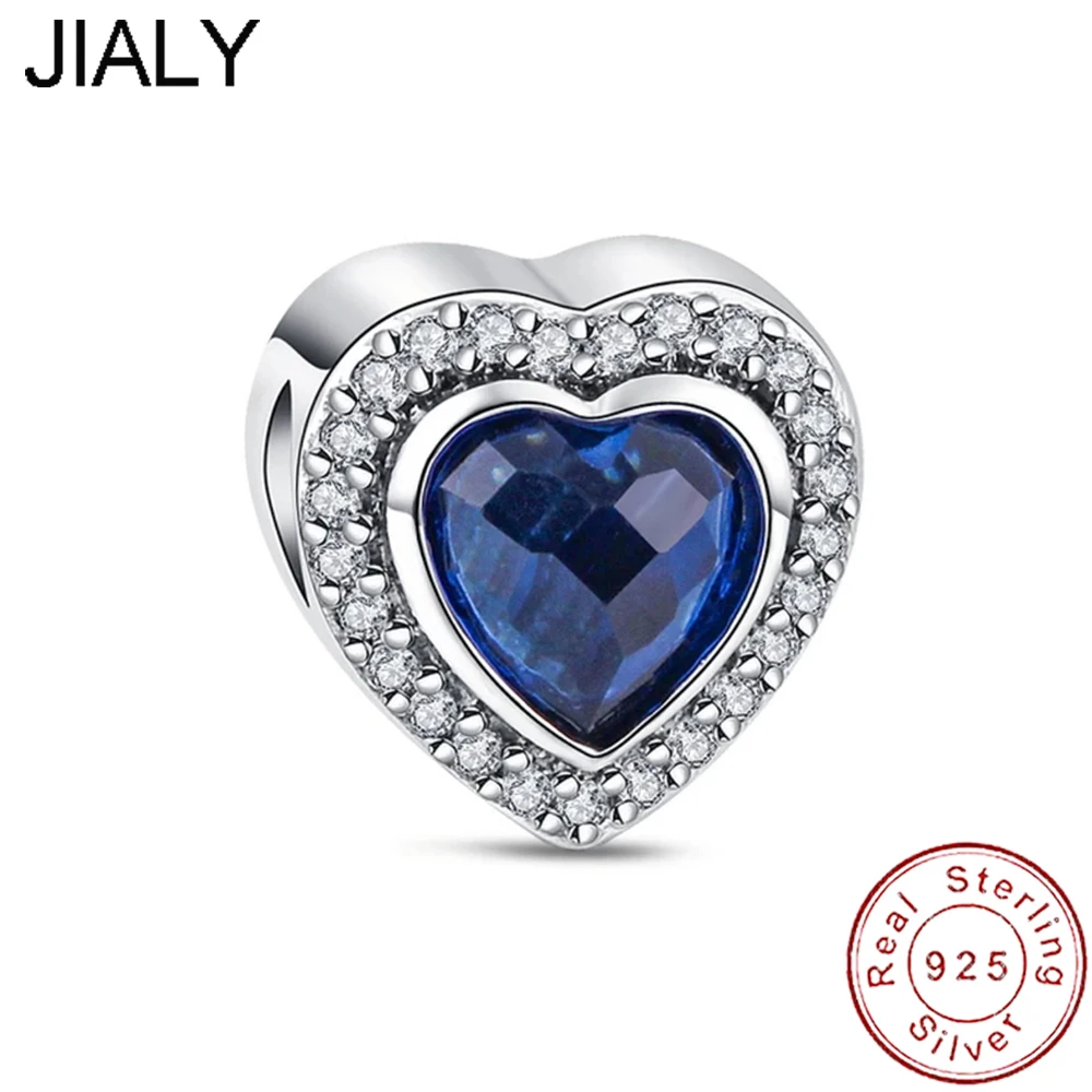 

European 100% S925 Sterling Silver Blue AAA CZ Heart DIY Charm For Original Women Bracelet Necklace Chain Jewelry