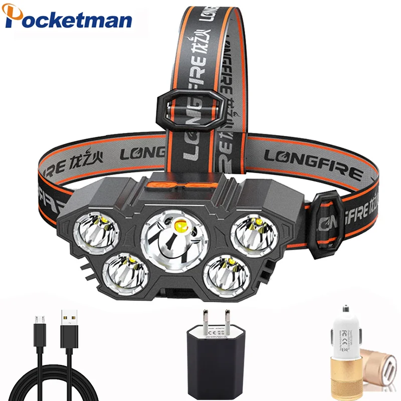 Rechargeable Super Brightest Powerful 5 LED Headlamp Headlamps