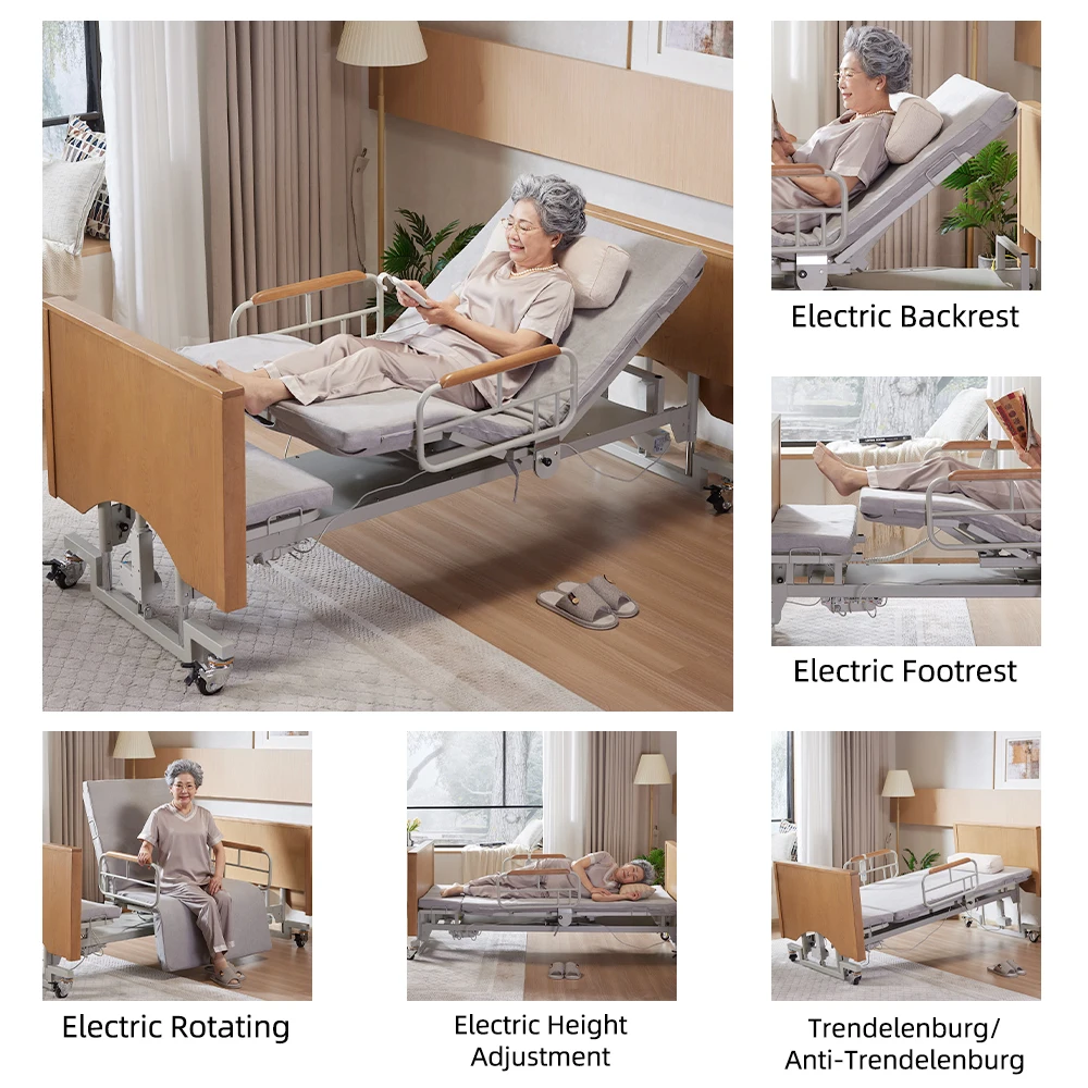 Tecforcare electric rotating bed for elderly care products electric hospital bed for home medical nursing wood home care bed