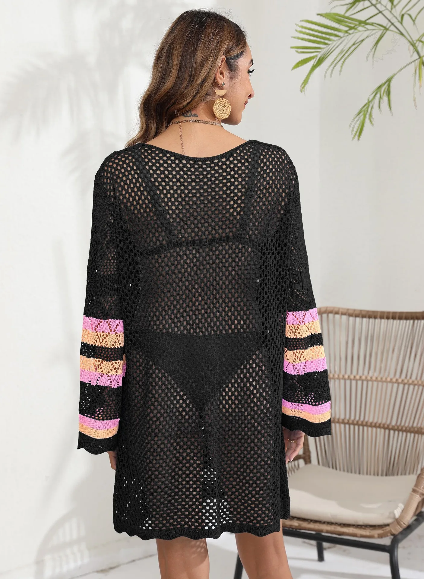 Women's beach vacation cover-up women's contrasting color stitching bikini top woven dress 2024 new style