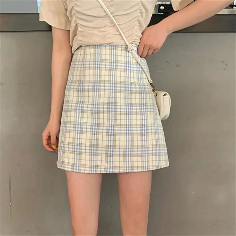 leather skirt 2022 Summer New Sexy Short Skirt Women Retro Bag Hip High-Waisted Skirt Lined Plaid A-Line Skirts School Girls jean skirt