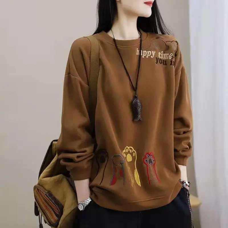 Fashion Loose Cartoon Embroidery Sweatshirts Autumn Winter Casual All-match Round Neck Long Sleeve Pullovers Women's Clothing