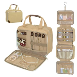 Elegant Women's Hanging Toiletry Bag with Jewelry Organizer and Spacious Makeup Compartment (Beige)