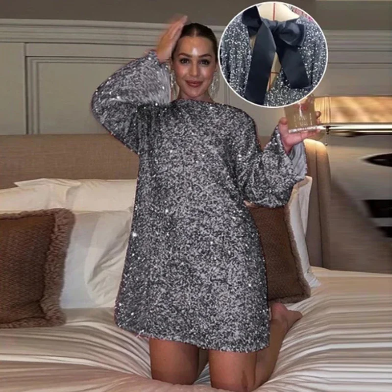 

Sexy Backless Bowknot Chic Short Dresses Elegant Shiny Sequin Mini Dress For Women New Spring Femme Evening Party Dress Vestidos