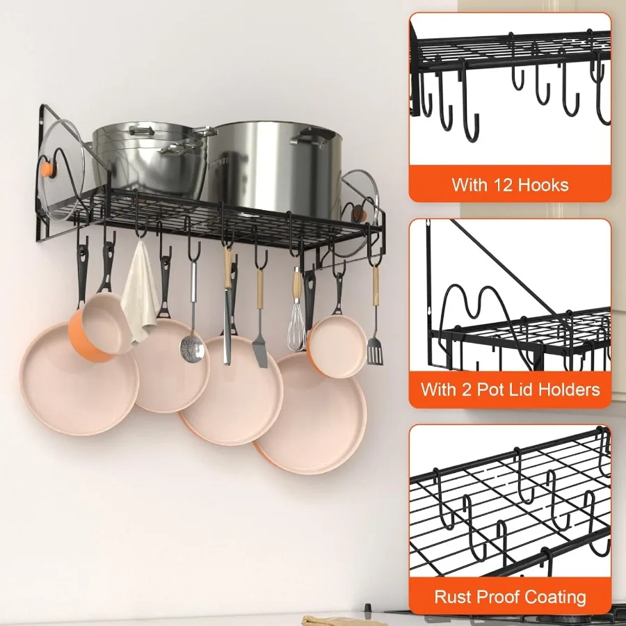 28 Inch Pot Rack Wall Mounted Pots and Pans Organizer with 12 Hooks and 2 Pot Lid Holders Heavy Duty Steel Pot and Pan Hanger f