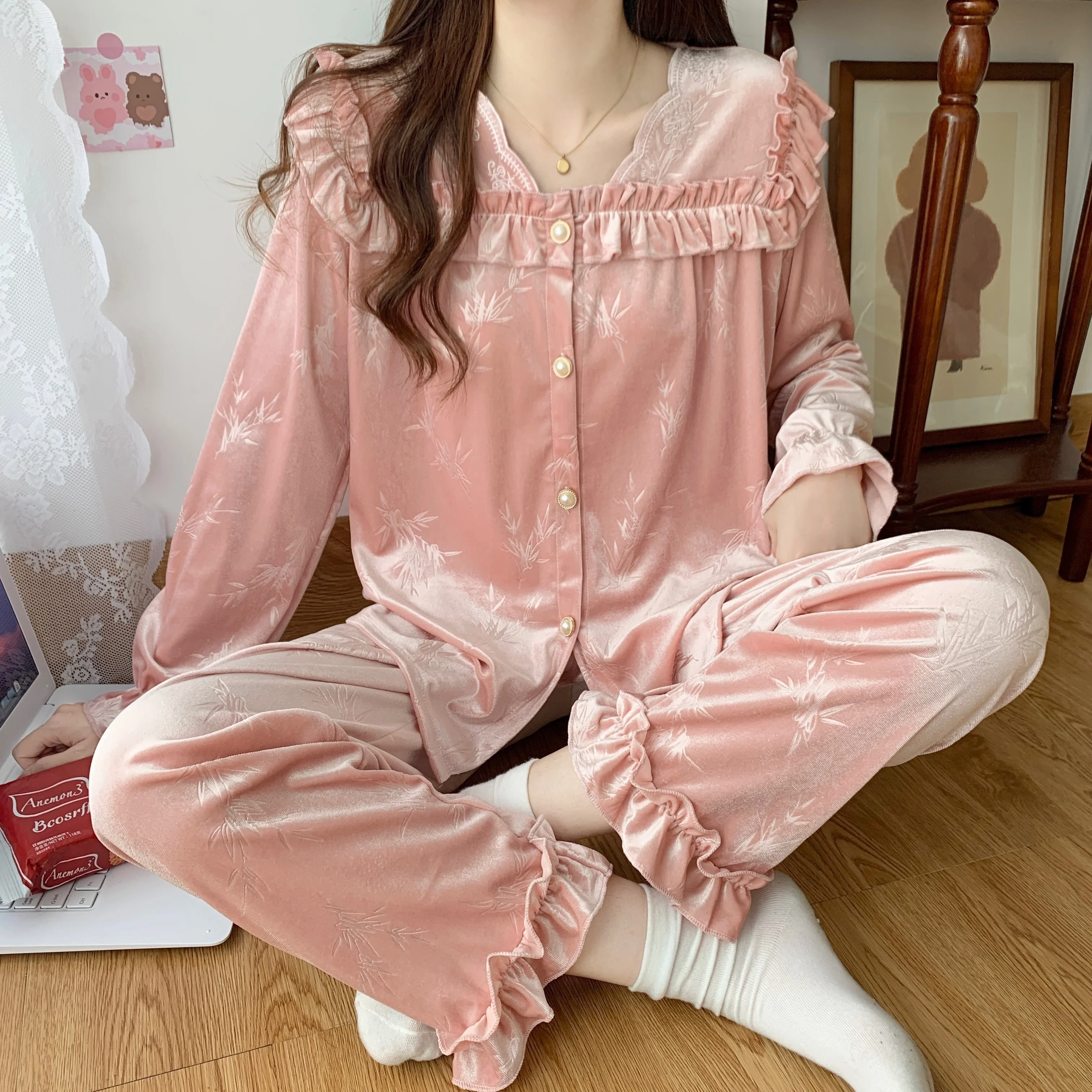 

Женский пижамный комплект с длинным рукавом, кружевной кардиган, однотонная Пижама, Осень-зима