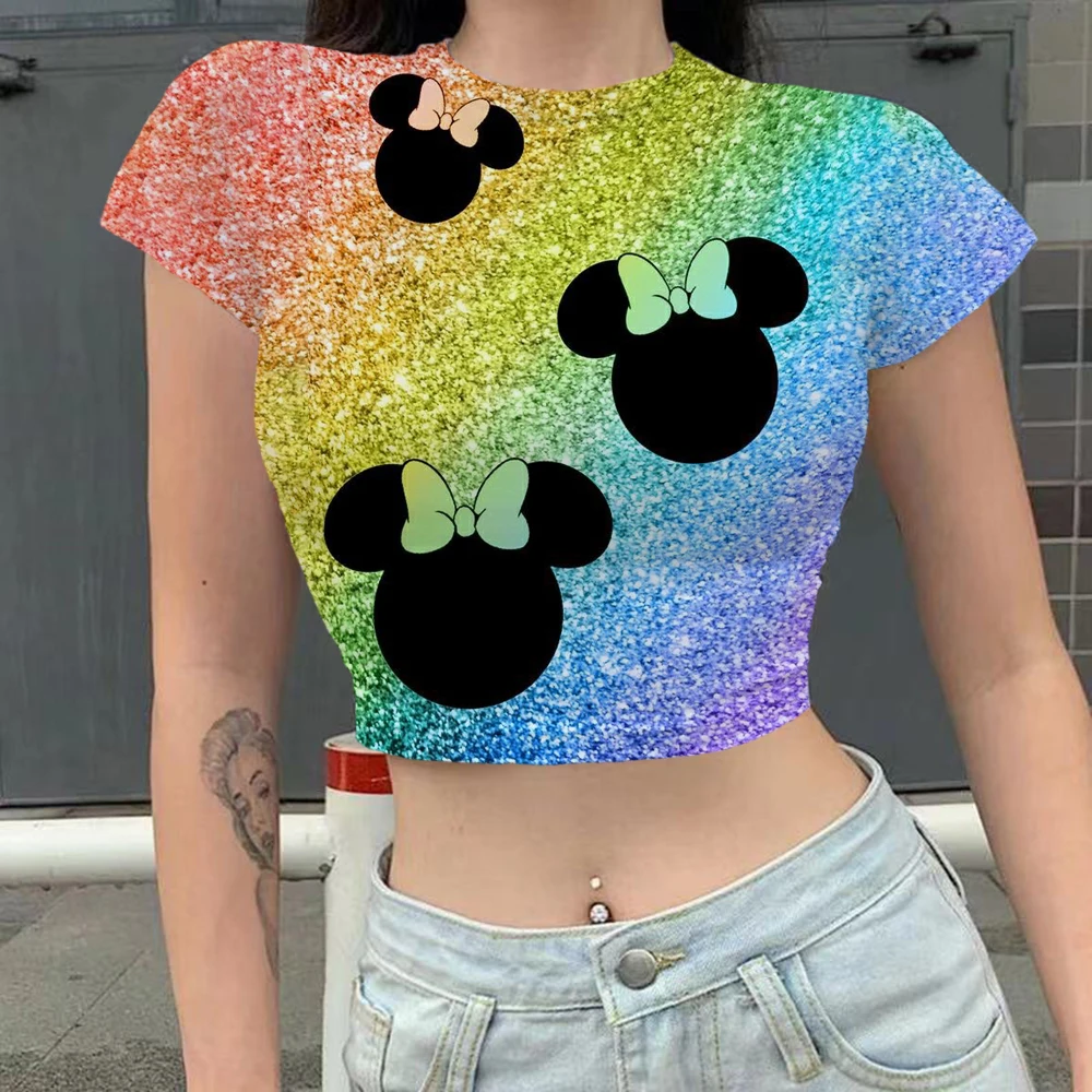 

Summer 90's Disney Minnie Mickey Mouse T Shirts O-Neck Vintage Short Sleeve Slim Tees Y2k Women Clothes Streetwear Crop Tops