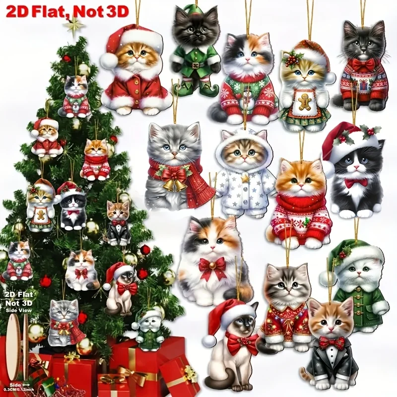 2D Flache 14 stücke Weihnachten Katze Ornamente Set Entzückende Holz Kätzchen Dekor Weihnachten Baum Anhänger Party Dekoration Festliche Lieferungen
