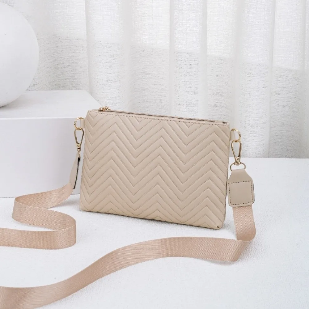 Elegant Quilted Chain Crossbody Bag Wave Patterned PU Long Wallet Solid Color Lightweight Everyday Handbag For Women