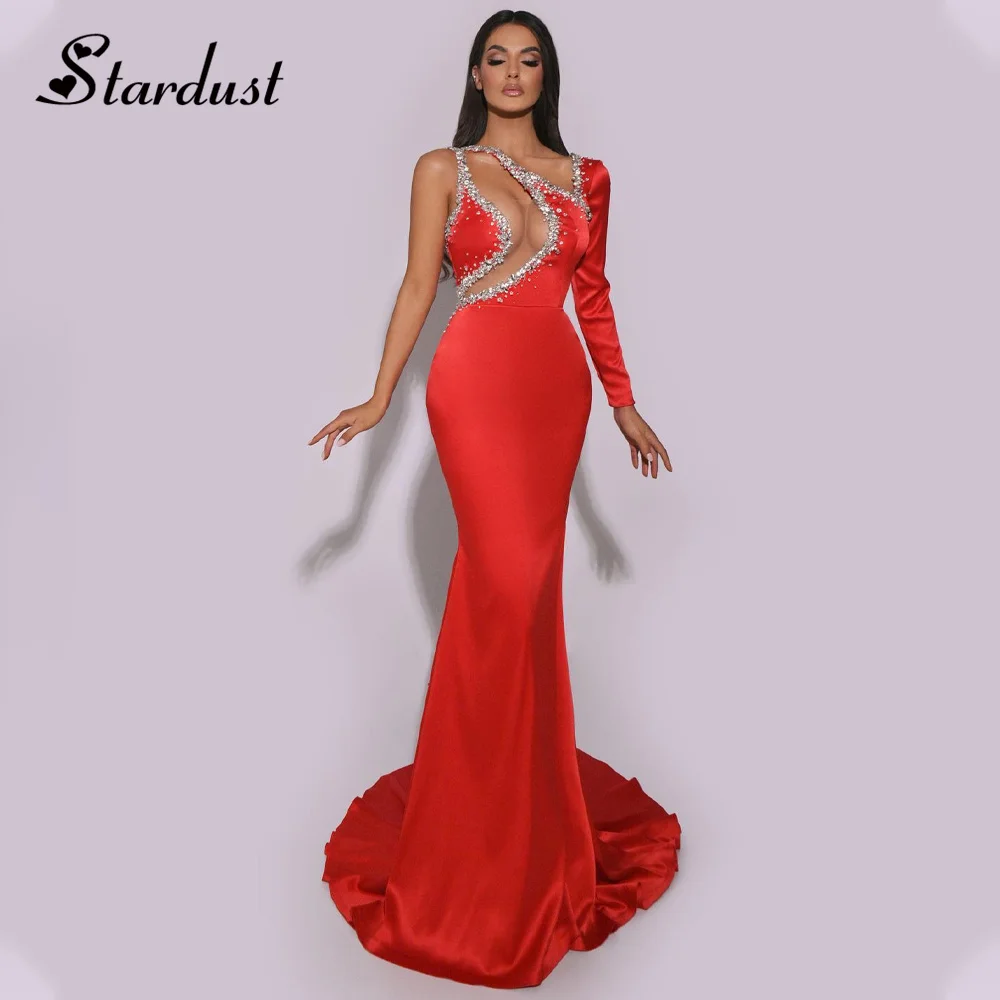 

Stardust Luxury Trumpet Prom Dresses Asymmetric Full Sleeves Rhinestones Cut-out Saudi Arabric Vestidos de Fiesta Customized