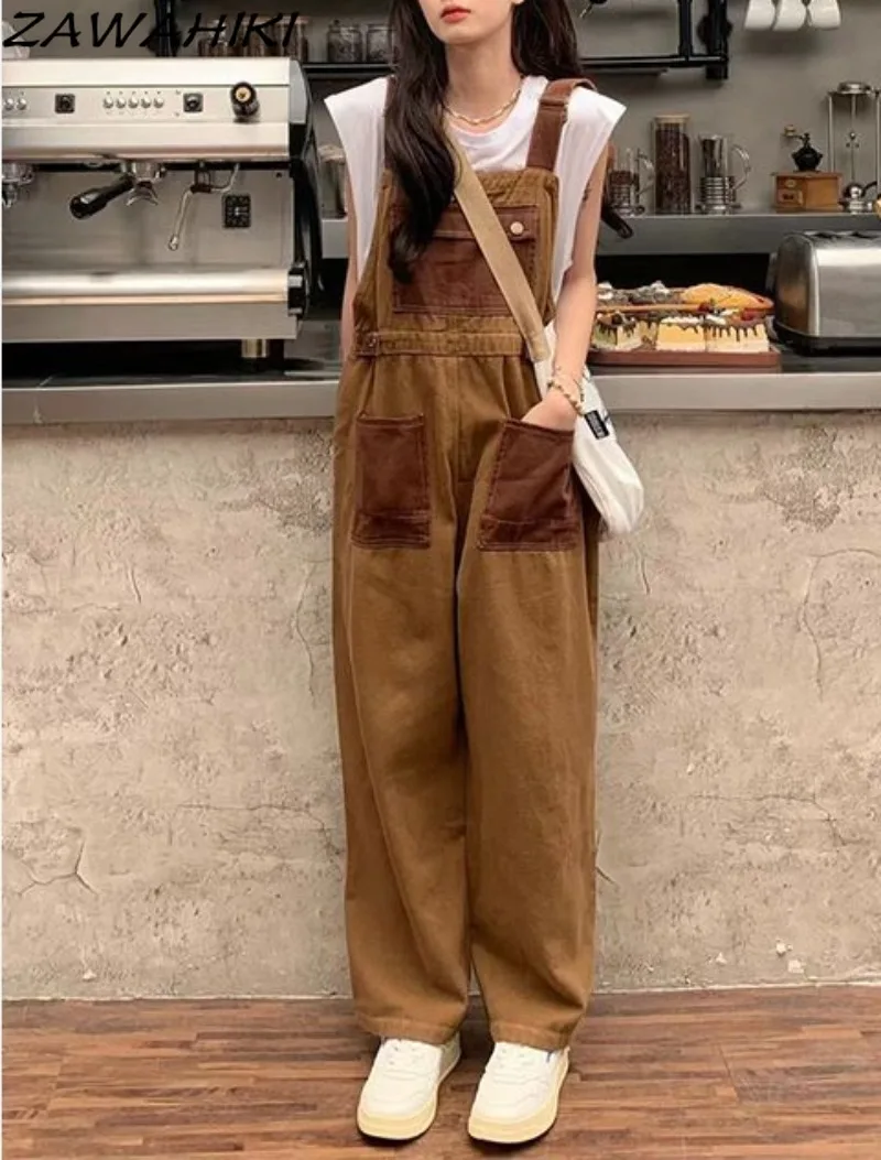

Temperament American High Street Patchwork Contrast Color Cargo Pants Overalls Spring Autumn Oversize Designed Loose Trousers