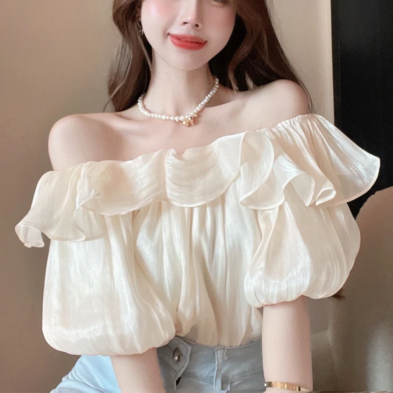Temperament Off Shoulder Pleated Shirts Summer New Solid Color Loose Short Sleeve Sexy Tops Tees Elegant Sweet Women Clothing t shirts tees pumpkin cow serape striped cactus truck sunflower maple leaf t shirt tee green in green size xl