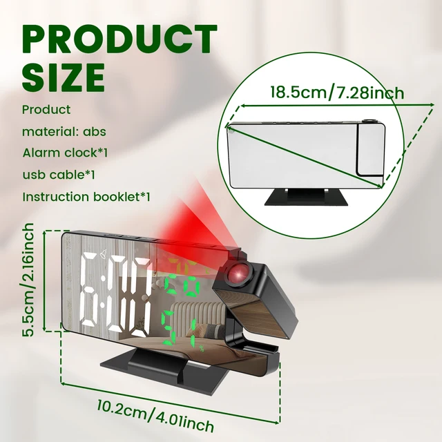 New Projection Alarm Clock with 180° Rotatable Projector 4 Level Dimmable Mirror Projection Clock 6