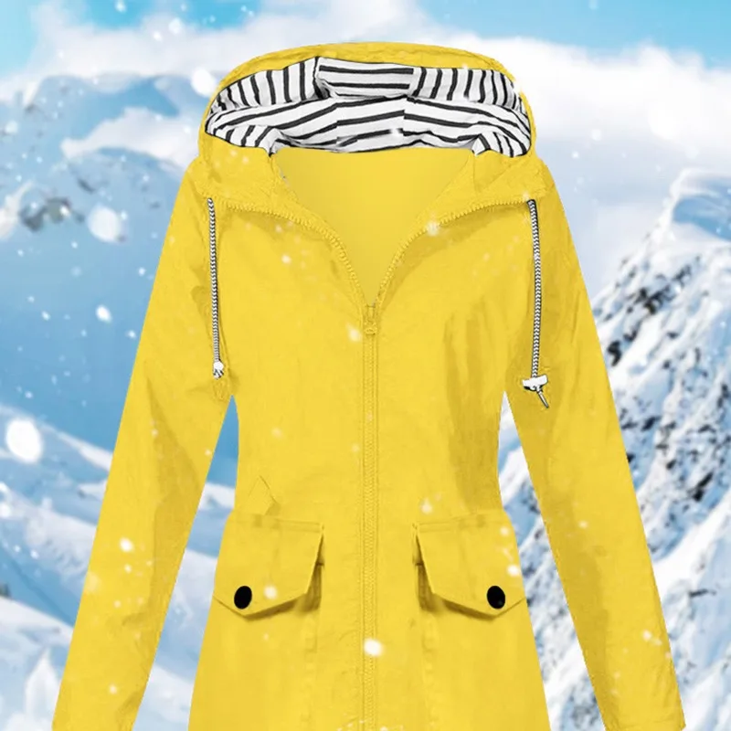 Autumn and Winter Women's Solid Color Spliced Long Sleeve Striped Midi Hooded Slim Zipper Pockets Fashion Casual Formal Tops